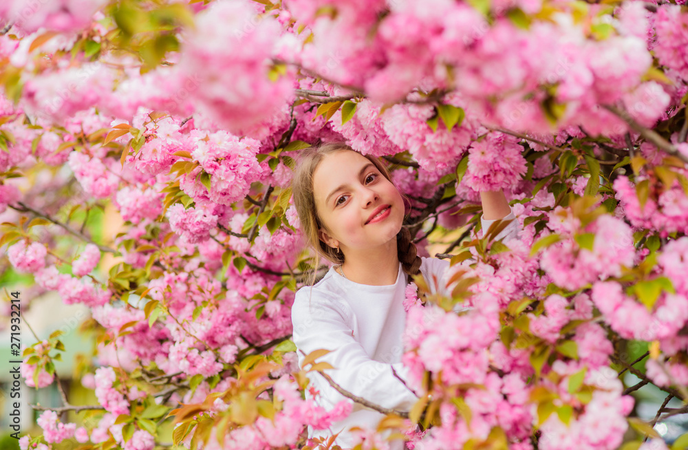 Pink is my favorite. Little girl enjoy spring. Kid on pink flowers of sakura tree background. Kid enjoying pink cherry blossom. Tender bloom. Pink is the most girlish color. Bright and vibrant