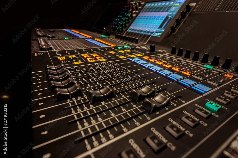 Closeup view of Faders on Professional Audio Digital Sound Mixing Control Console. Closeup view of Faders on Professional Audio Digital Sound Mixing Control Console.