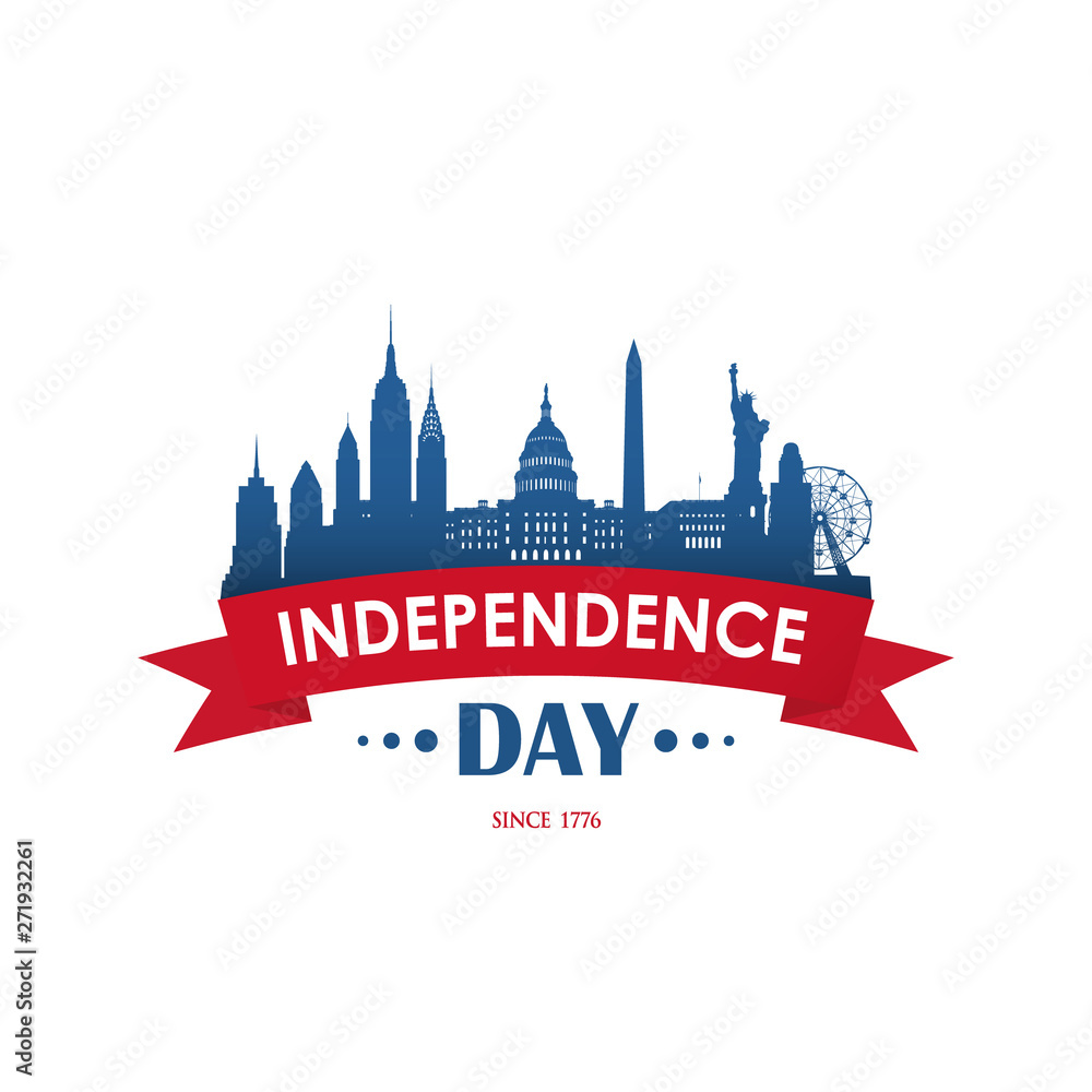 4th of July. American national holiday Independence Day. Ribbon banner.  New York and Washington city silhouette. Statue of Liberty.