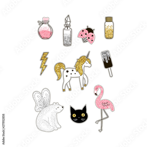 Magic world animals glittering stickers set. Cute unicorn with golden glitters. Polar bear with wings, stylized ladybug, flamingo. Bottles with magical dust. Postcard, t-shirt print