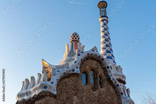 Upper view of Entry Pavillon at parc Guell in Barcelona at sunset