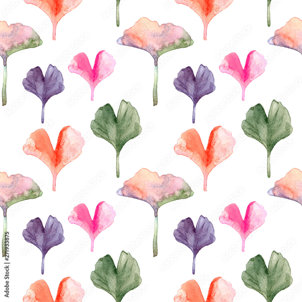 Ginkgo biloba leaves floral watercolor seamless pattern. Tree plant known as ginko or gingko. Ginkgo plant herbal alternative medical care anti-oxidant leaves floral seamless textile in colors.