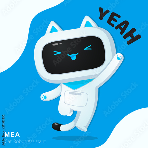 Cute cat robot assistant character in cheerful action use for illustrations