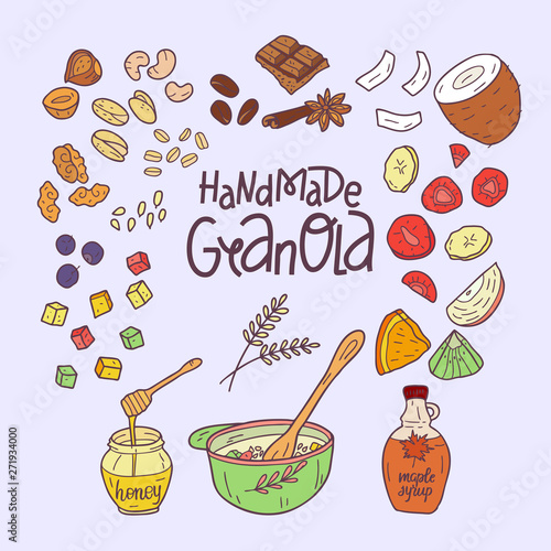 Granola homemade. Ingredients for making granola. Healthy breakfast. Hand drawn vector illustration.