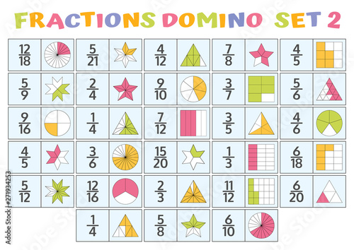 Fractions Domino Mathematical Puzzle. Math Game. Vector illustration.
