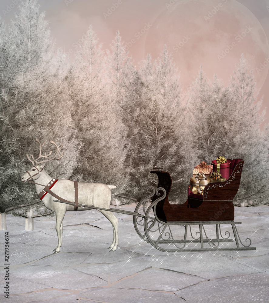 Christmas sledge and its white reindeer in a winter scenery