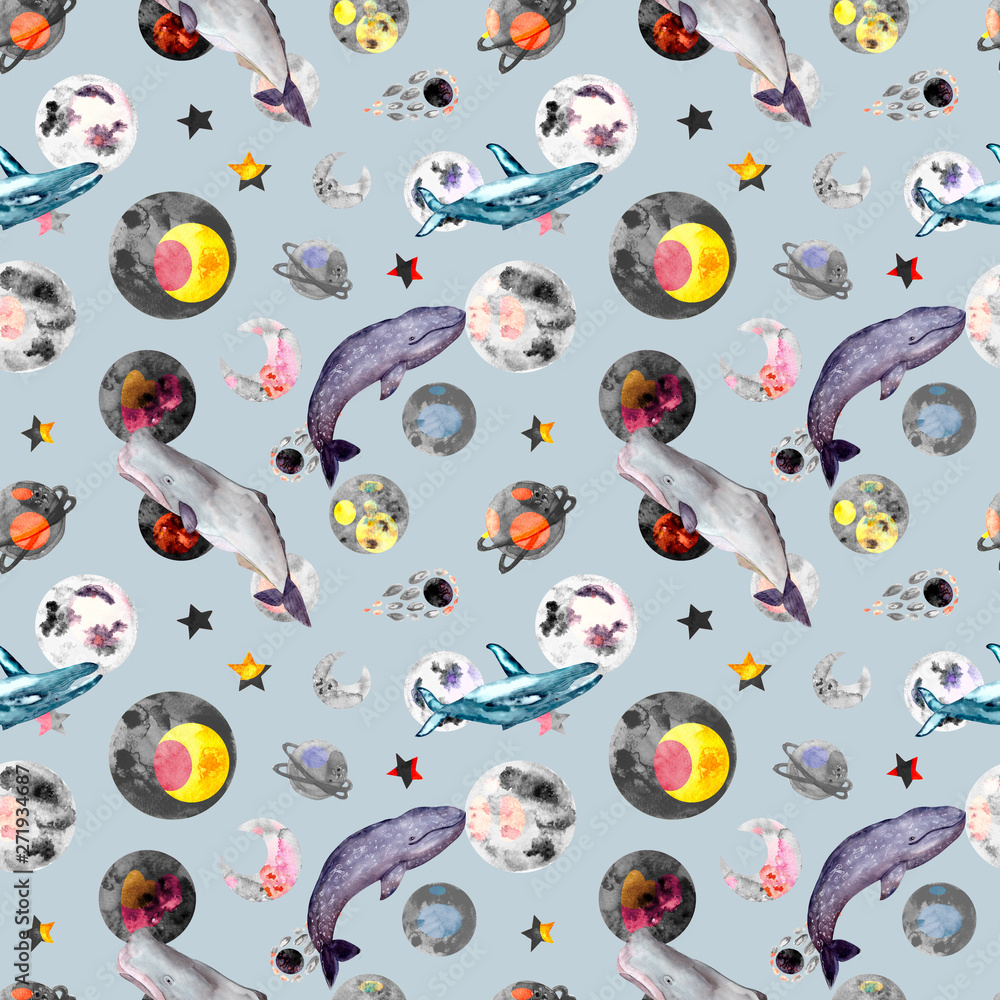 Fototapeta premium Seamless pattern with gray whales,blue whales, seahorse, sperm whales and universe, planets watercolor. Can be used for wallpaper, web page background, surface textures.Hand drawn illustration.