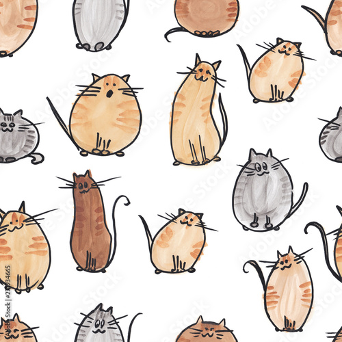 Seamless pattern background with watercolor cats. endless illustration.