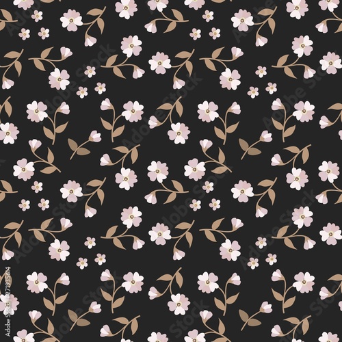 Ditsy seamless elegant pattern with small white flowers isolated on black background. Print for fabric.