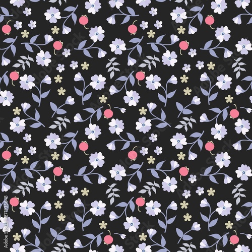 Seamless floral ditsy pattern in country style. Small berries, flowers and leaves isolated on black background. Motley natural ornament.