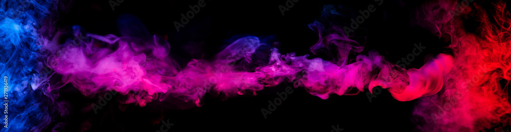 blue and red smoke clouds in motion isolated on black background