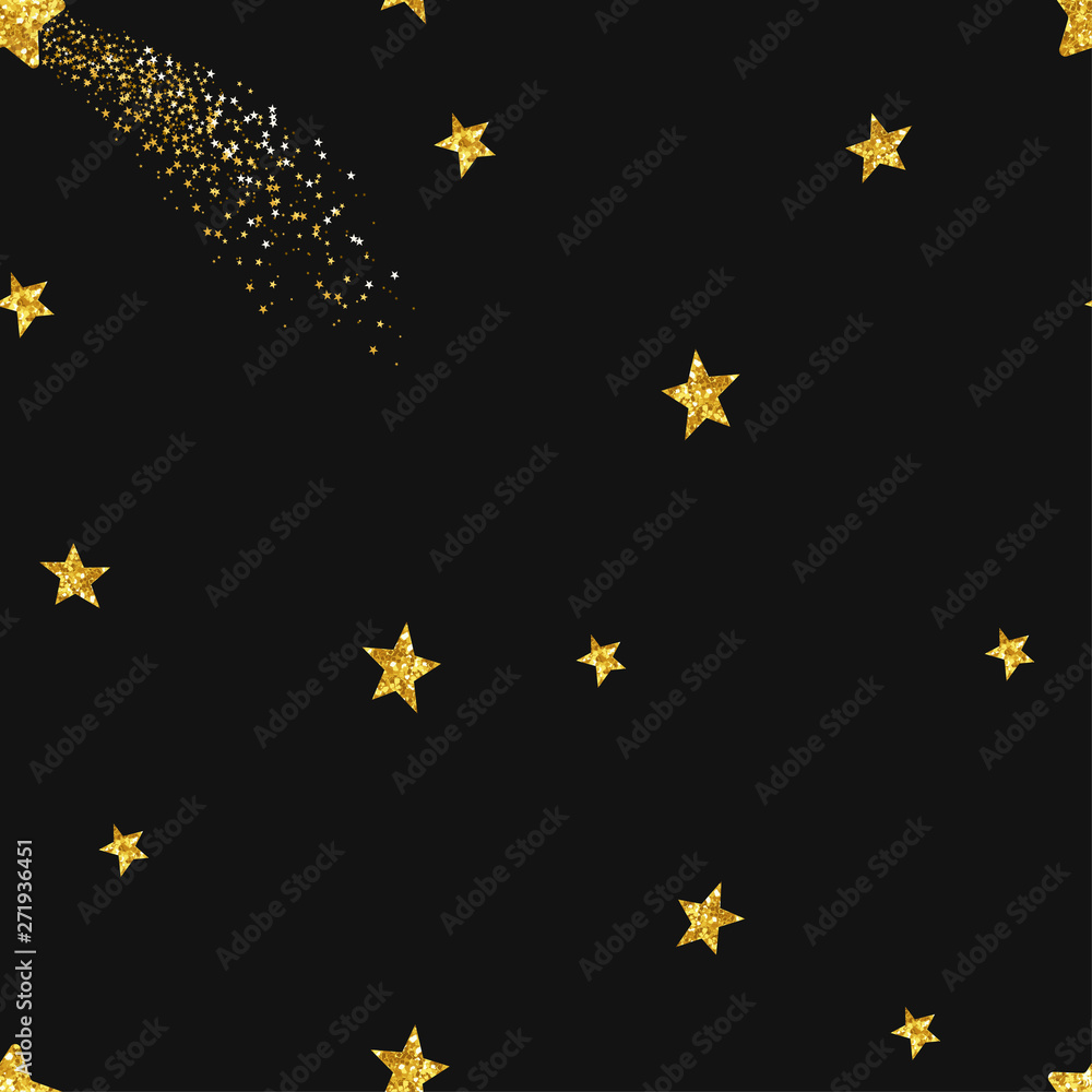 Sparkling golden stars seamless pattern. Glittering comet with shiny tail in dark sky. Magical constellation on black background. Christmas banner, wrapping paper, wallpaper, textile design Sparkling golden stars seamless pattern. Glittering comet with shiny tail in dark sky. Magical constellation on black background. Christmas banner, wrapping paper, wallpaper, textile design