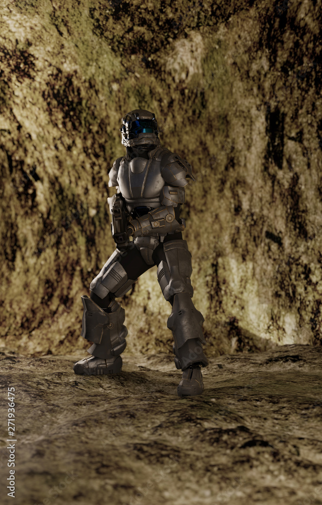 Fototapeta premium Science fiction of a futuristic sci-fi space marine trooper standing in the caverns of an alien world, 3d digitally rendered illustration