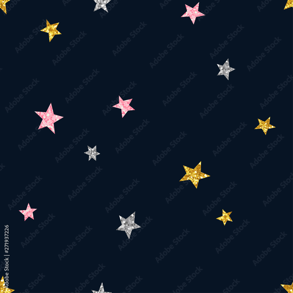 Glittering stars seamless pattern. Colorful sparkling constellation on black background. Shiny pink, golden, silver star symbols. Minimalist wallpaper, wrapping paper, textile print