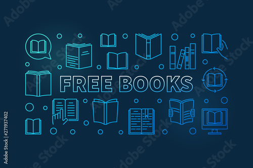 Free Books concept blue outline vector horizontal banner or illustration on dark background