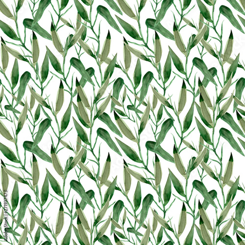 seamless pattern with leaves bamboo green.Watercolor illustration, Japanese .Ecology plant photo