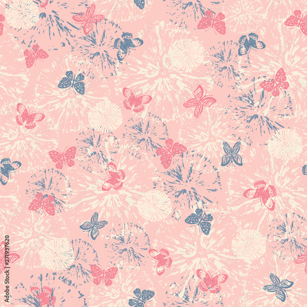 Seamless pattern with abstract flowers and small butterflies on pink background. Pattern can be used for wallpaper, pattern fills, background, surface textures, vector illustration