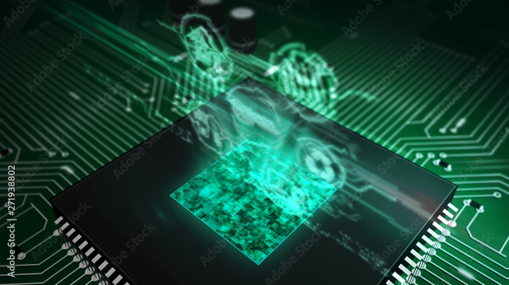 CPU on board with iot symbols hologram CPU on board with iot symbols hologram