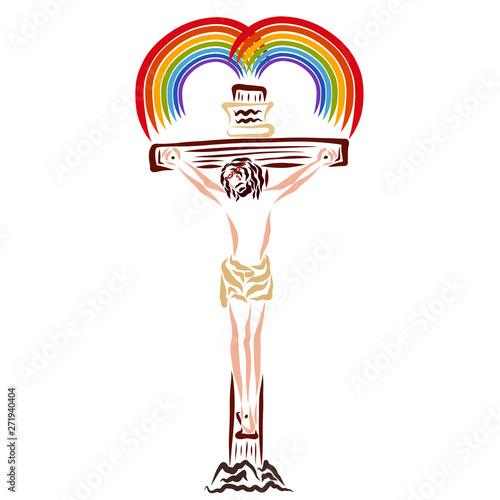 The Savior promised crucified on the cross   and a rainbow heart