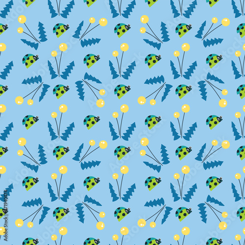Vector cartoon background. Seamless pattern with flowers and insects, dandelions and ladybugs. Children’s book style. Perfect for kids room wallpaper, cotton, textile. Pastel colors © Elena Nevskaya