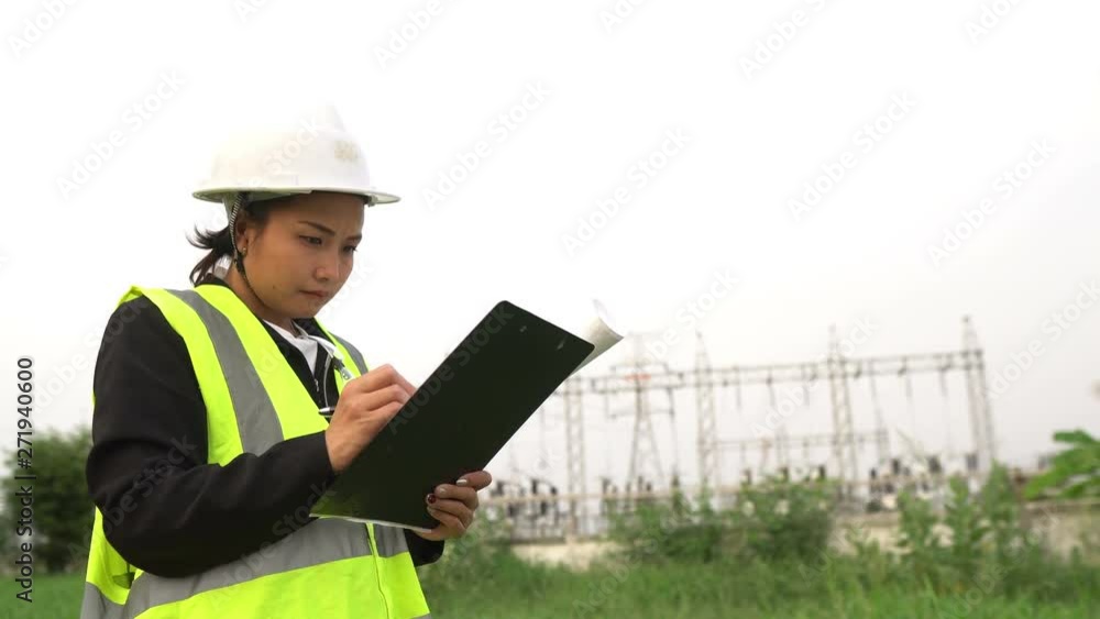 Asian senior electrical engineer working at site of big pole high voltage on sunset Asian senior electrical engineer working at site of big pole high voltage on sunset