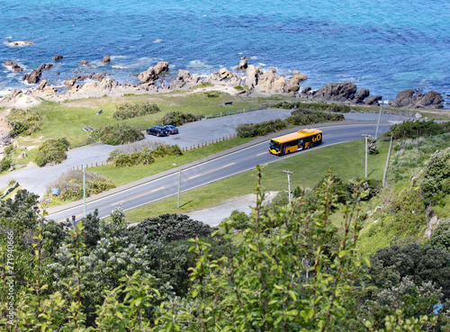 A view from high above of the rocks bank of Lyall Bay, Wellington, New Zealand.