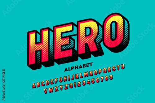 Komiksowa czcionka w stylu superbohatera, litery i cyfry