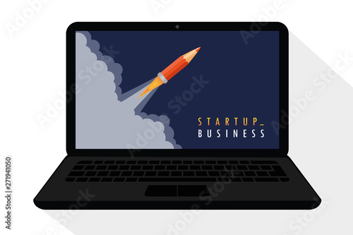 startup business concept with pencil rocket launch in laptop vector illustration EPS10