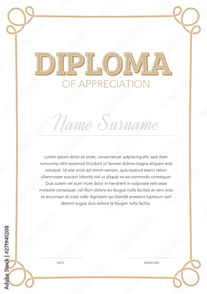 Vertical format certificate template in classical style with rope ornamental frame Vertical format certificate template in classical style with rope ornamental frame