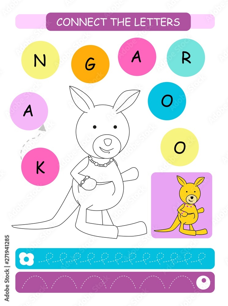 Connect the letters - Kangaroo. Printable worksheet for preschool and kindergarten kids. Alphabet learning letters and coloring. Handwriting practice. Vector illustration. Connect the letters - Kangaroo. Printable worksheet for preschool and kindergarten kids. Alphabet learning letters and coloring. Handwriting practice. Vector illustration.