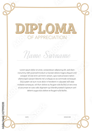 Vertical format certificate template in classical style with rope ornamental frame