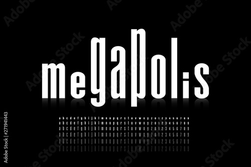 Megalopolis style font design, skyline alphabet letters and numbers