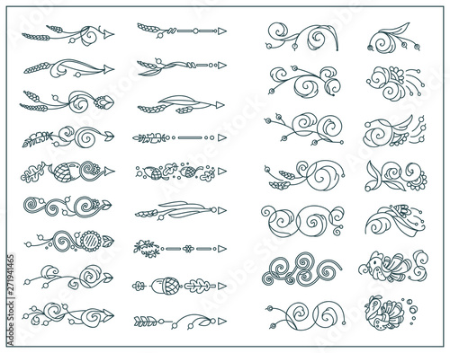 Vector vintage elements for design. Cute arrows, indexes, dividers, tiny arts in Thanksgiving Day theme. Turkey, birds, vine, maize, ears of wheat, acorns and leaves. Elements for decoration