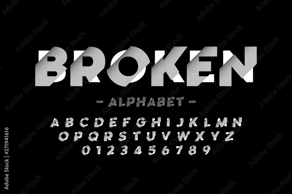 Broken font design, alphabet letters and numbers