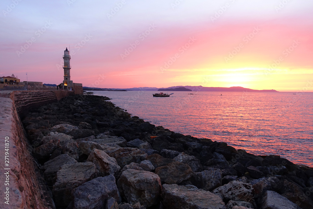 Photo from iconic Venetian old port of Chania at dusk with beautiful colours, Crete island, Greece