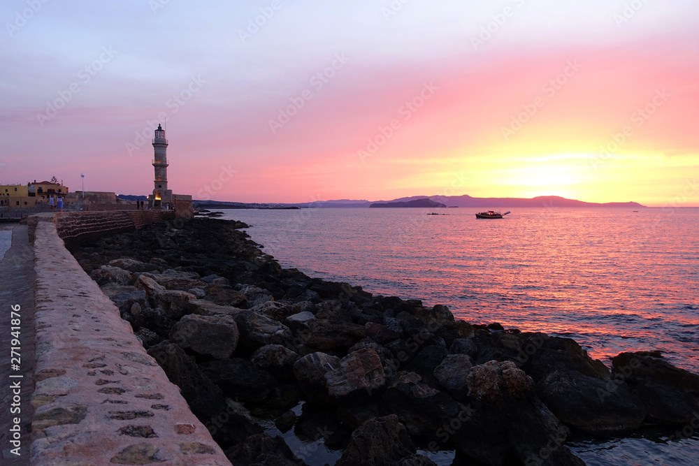 Photo from iconic Venetian old port of Chania at dusk with beautiful colours, Crete island, Greece Photo from iconic Venetian old port of Chania at dusk with beautiful colours, Crete island, Greece