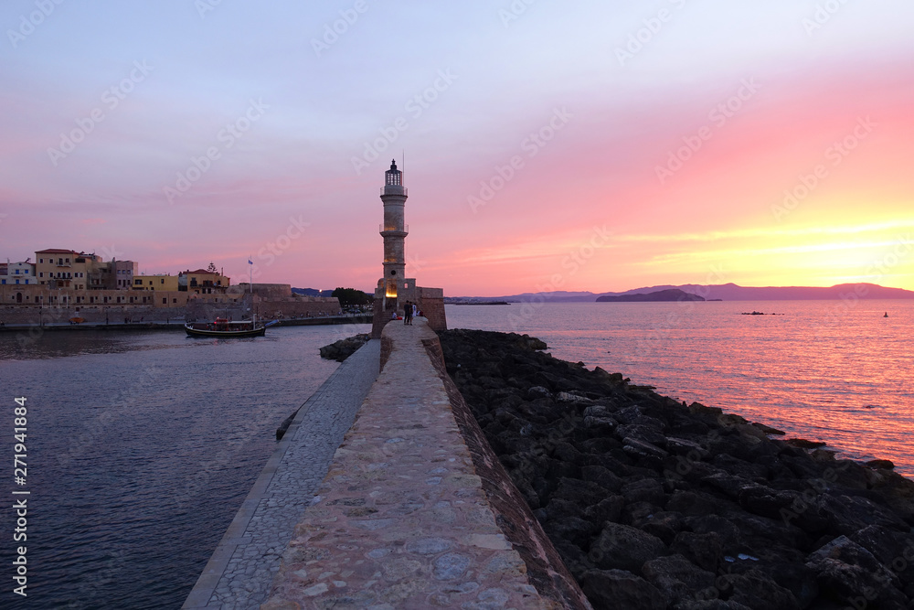 Photo from iconic Venetian old port of Chania at dusk with beautiful colours, Crete island, Greece
