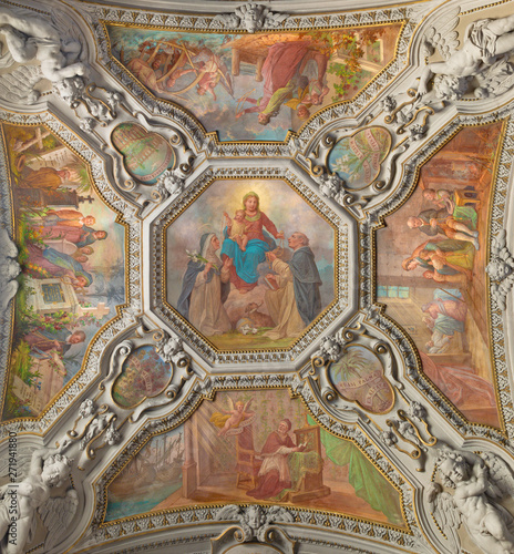 MENAGGIO  ITALY - MAY 8  2015  The neobaroque ceiling fresco of Madonna of Rosary  in church chiesa di Santo Stefano by Luigi Tagliaferri  1841-1927 .