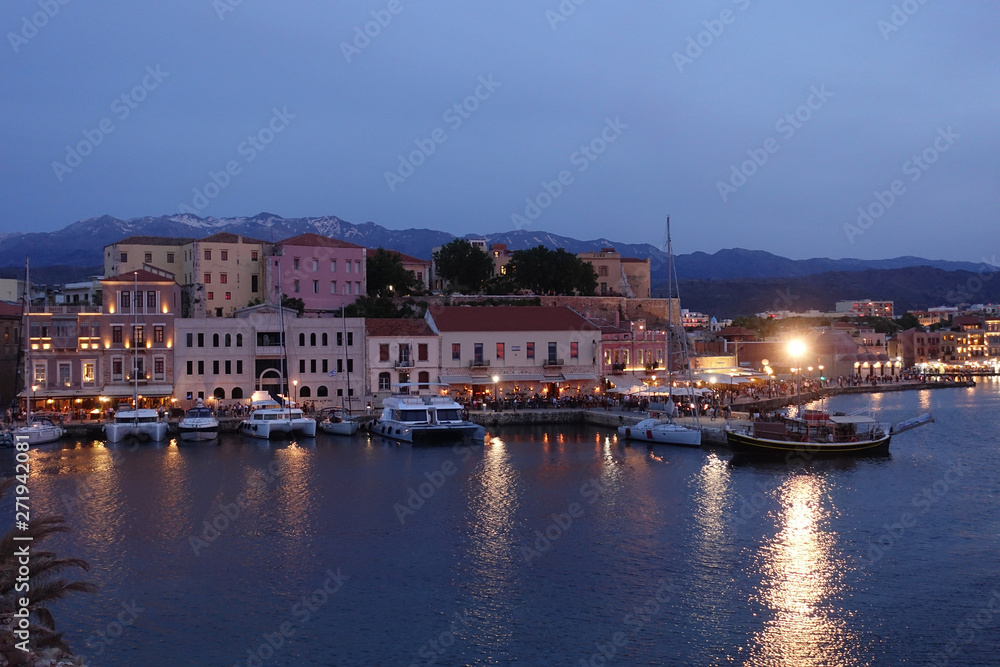 Night shot from iconic Venetian port of Chania, Crete island, Greece