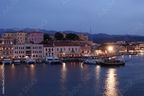 Night shot from iconic Venetian port of Chania, Crete island, Greece © aerial-drone