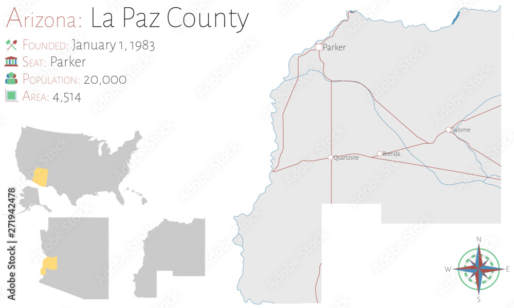 Large and detailed map of La Paz county in Arizona, USA