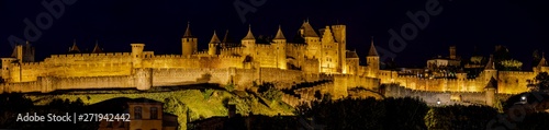 Illuminated Carcassonne castle at night, Carcassonne, France
