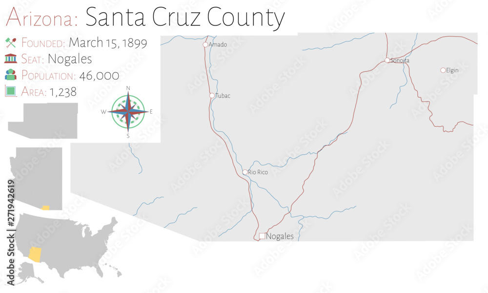 Large and detailed map of Santa Cruz county in Arizona, USA