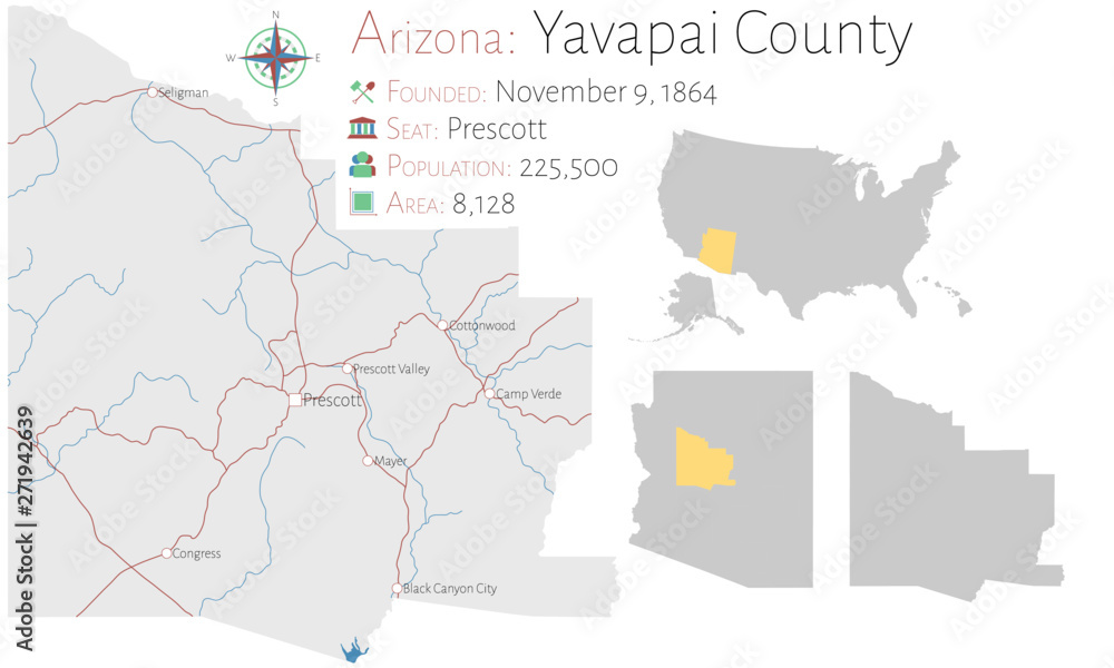 Large and detailed map of Yavapai county in Arizona, USA