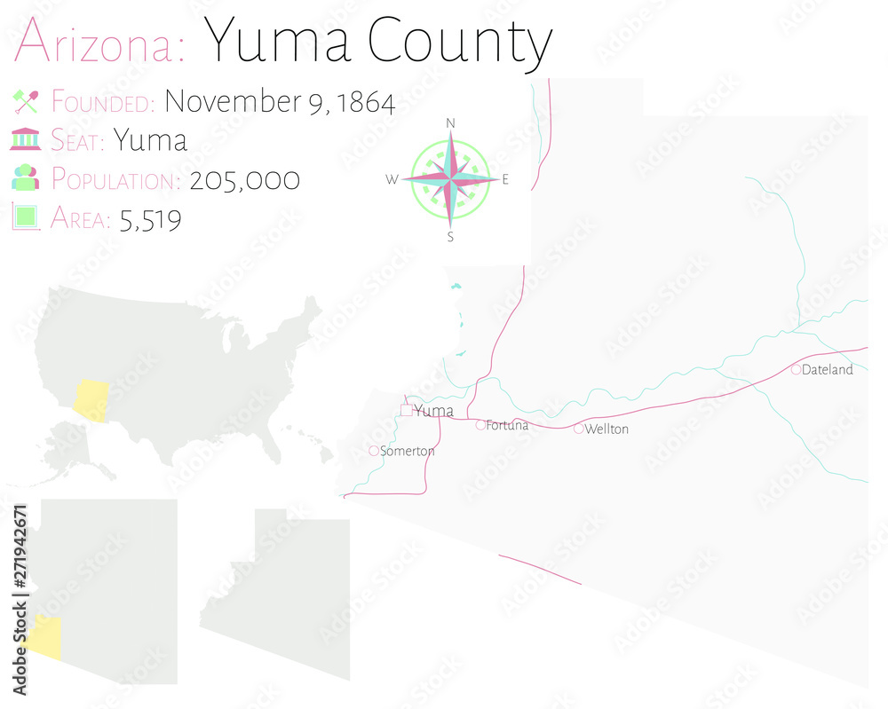 Large and detailed map of Yuma county in Arizona, USA Stock Vector