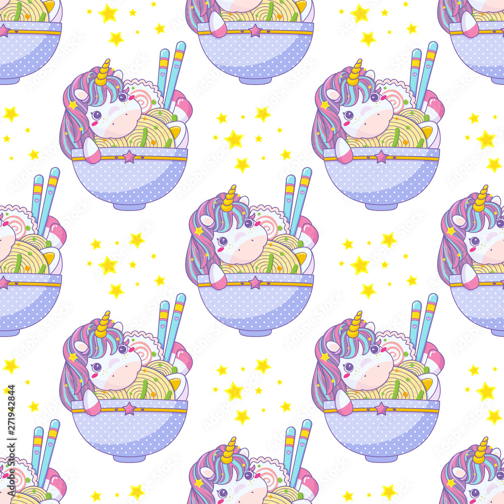 Vector seamless pattern, kawaii anime style. Cute unicorn in plate with  ramen, noodles, narutomaki, egg, chopsticks, onion and spice. Perfect for  kids room wallpaper, cotton, textile vector de Stock | Adobe Stock
