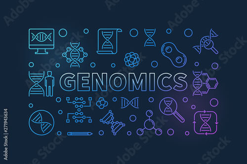 Genomics vector colorful concept banner in outline style on dark background photo
