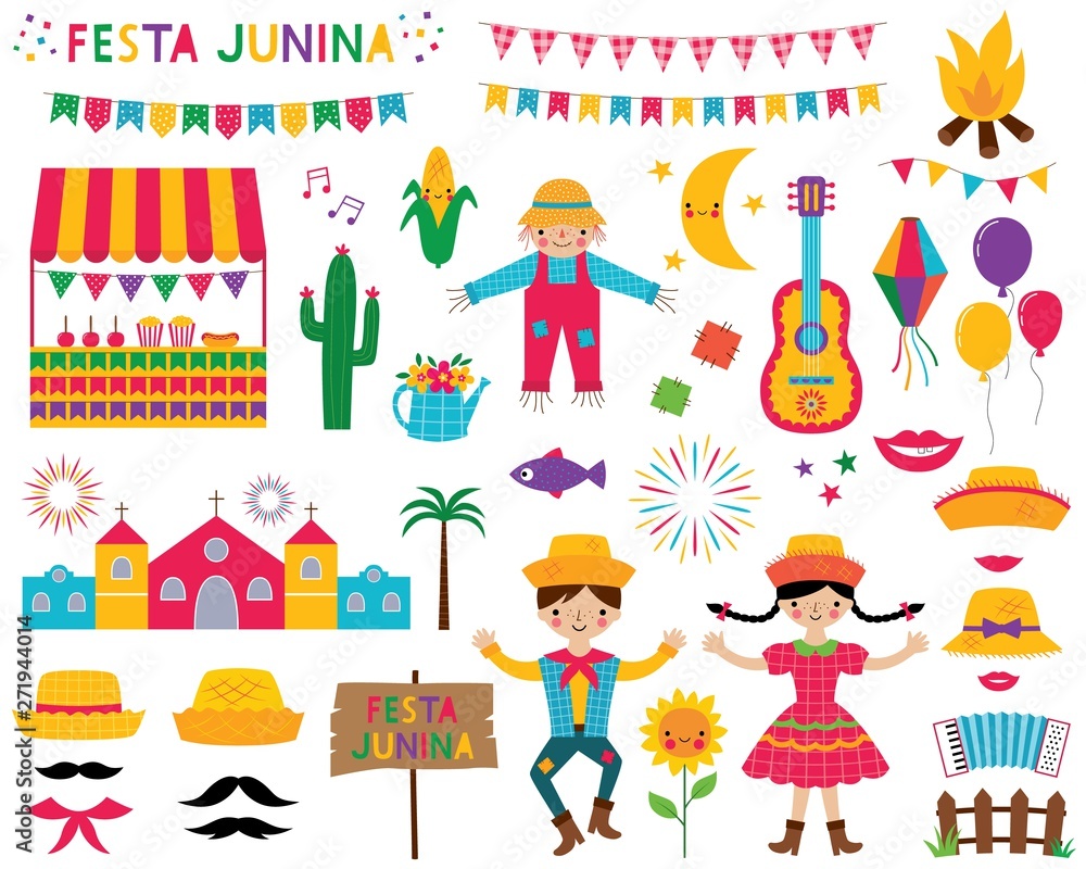 Festa Junina, traditional Brazil June party, design elements set
