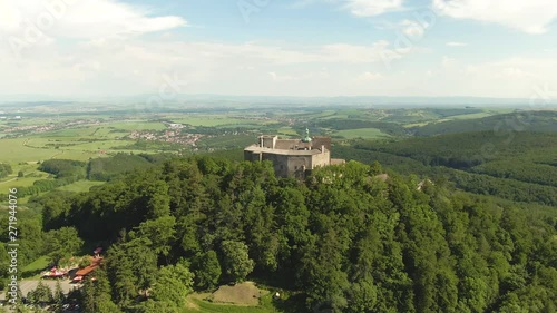 Aerial top view of Buchlov castle. Ancient fort is placed on hill. South Moravia region, Czech republic. photo