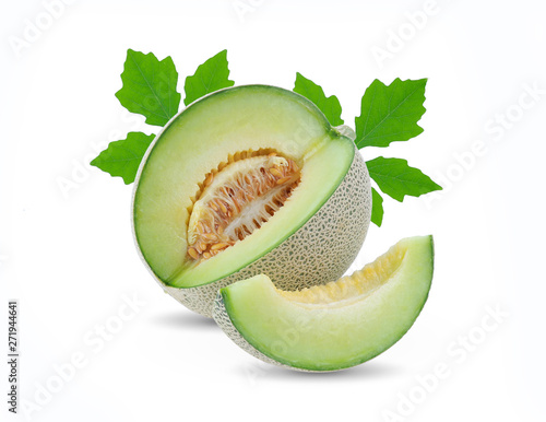 Green melon or cantaloupe, fresh with leaves and seeds Isolated on white background